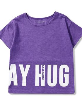 特韩国原单男女童紫色针织竹节棉拼接大胶印圆领短袖T恤