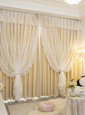 女孩房间卧室专用窗帘遮光2026新款飘窗挂钩式法式浪漫双层带纱