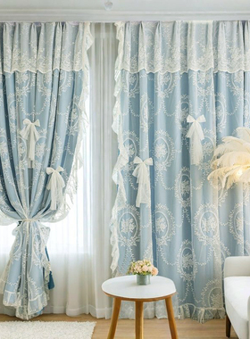 浪漫法式蕾丝窗帘蓝色遮光2026新款卧室纱布一体飘窗窗帘简约现代