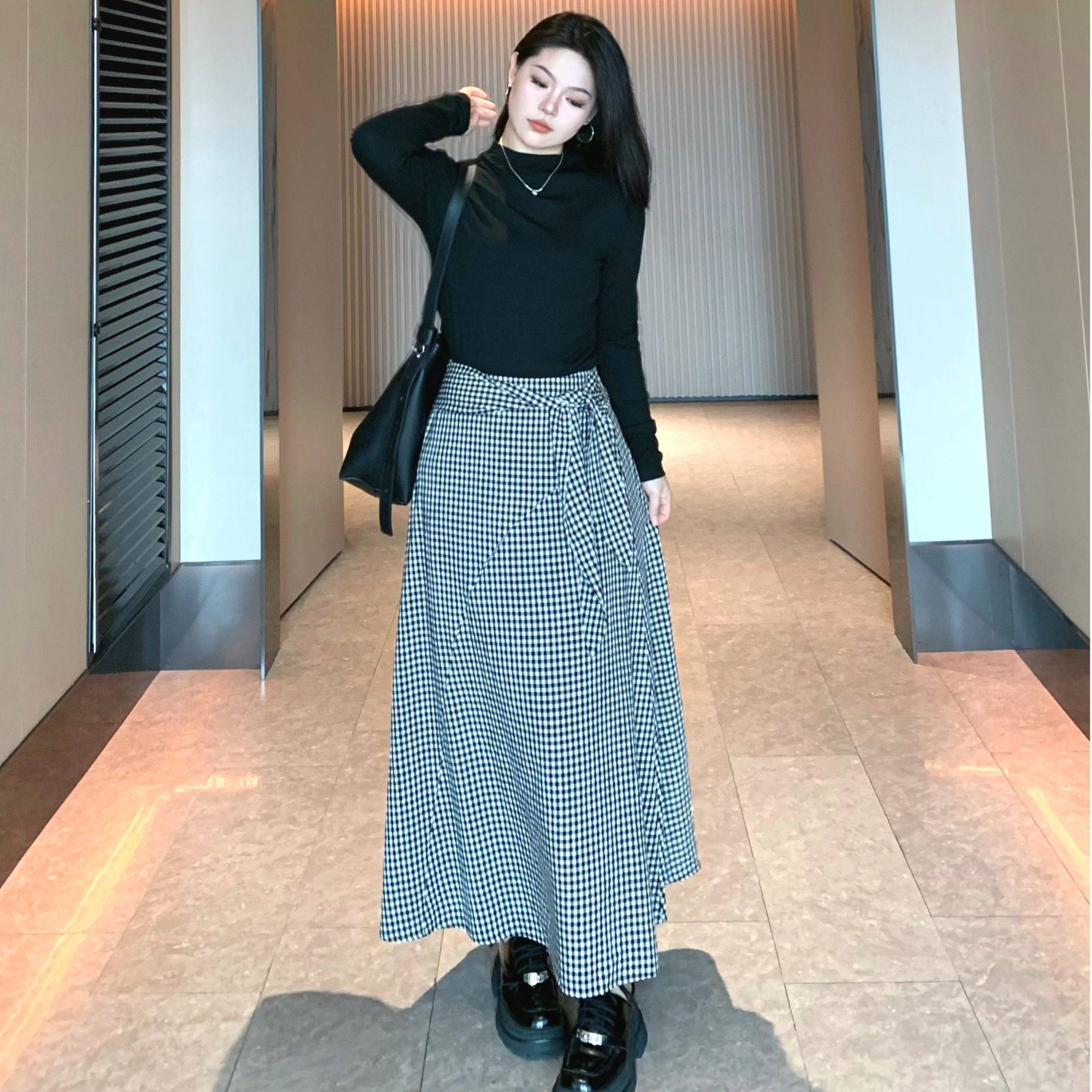 ARSENE【简色生活】秋季时尚上衣T恤格纹半身裙高级感微胖套装