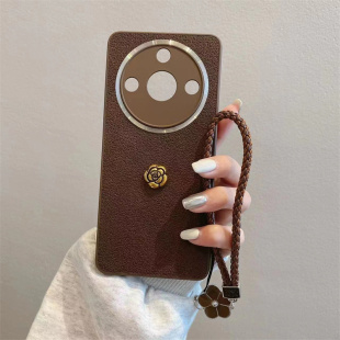 小香风金圈山茶花手绳适用华为p60art手机壳荣耀60 80高档皮质X50i奢华magic3畅玩40畅玩30创意女全包软壳