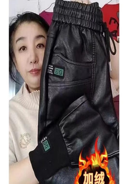 女士皮裤加绒束脚裤休闲外穿皮裤加绒加厚秋冬2023新款松紧腰高腰