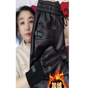 女士皮裤加绒束脚裤休闲外穿皮裤加绒加厚秋冬2023新款松紧腰高腰