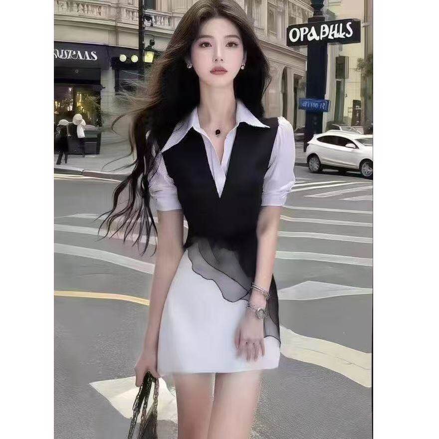 轻熟知性风黑白衬衫领修身短袖收腰连衣裙小众高级感时尚气质女装