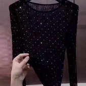 韩版 烫钻镂空网纱大码 长袖 2025春秋爆款 t恤设计感轻薄微透网衫 潮