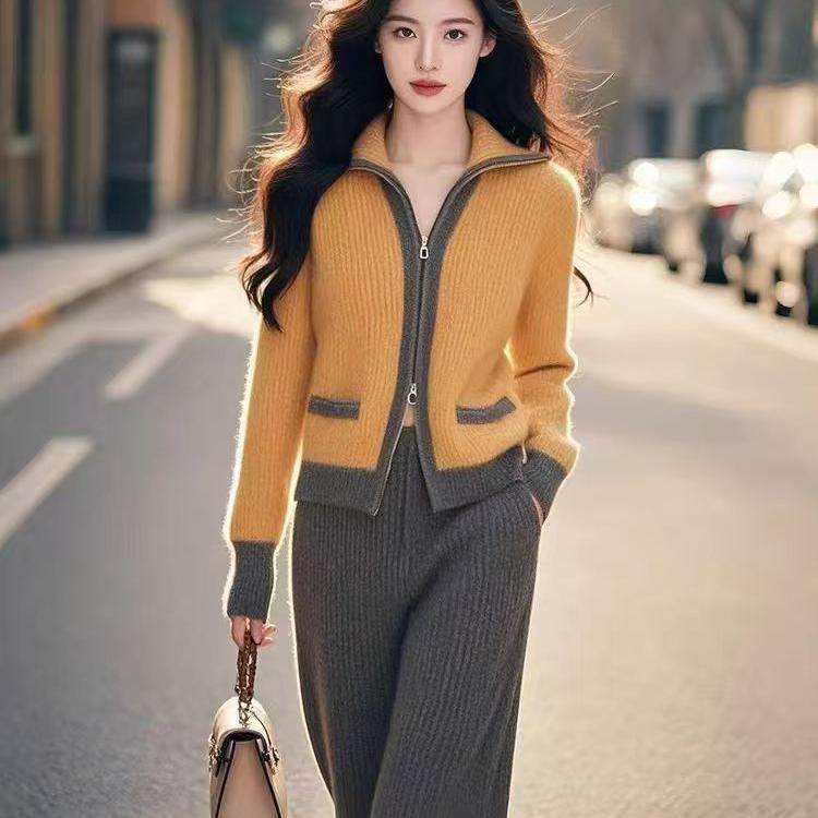 小香风高级感穿搭一整套针织阔腿裤超好看独特漂亮两件套装女冬季