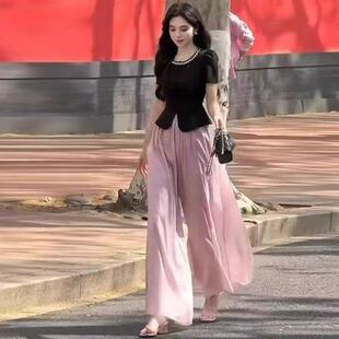2026新款夏季大方得体干练气质高级感小香风T恤粉色阔腿裙裤套装