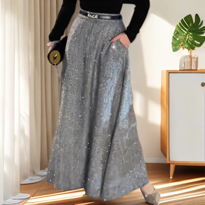 氛围感灰色高腰亮点插袋垂感直筒修身半身裙女秋冬新款宽松摆裙潮