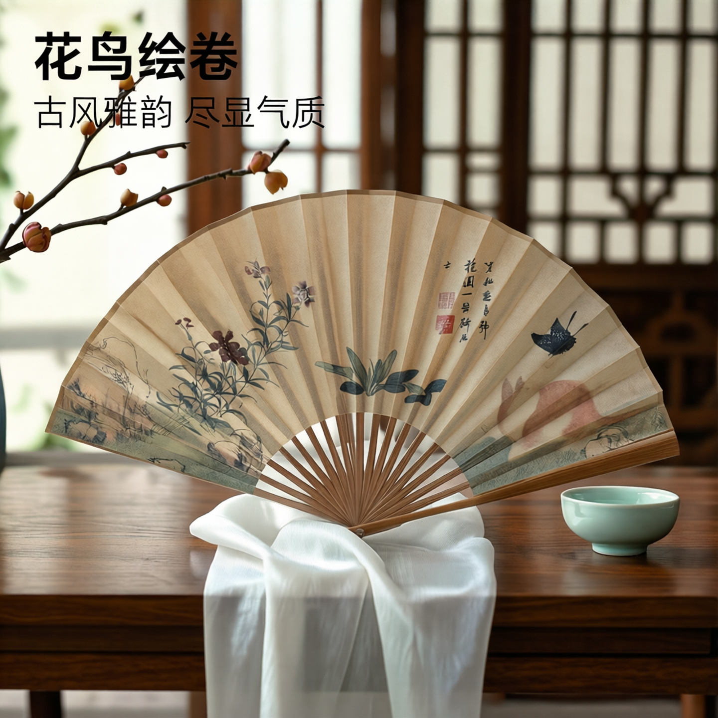 花鸟猫咪蝴蝶折扇子8寸双面复古风女士日用大汉服绢布折叠竹扇夏