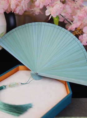 扇子全竹折扇雕花折叠迷你扇子小号随身中国风古风舞蹈扇绿色女士
