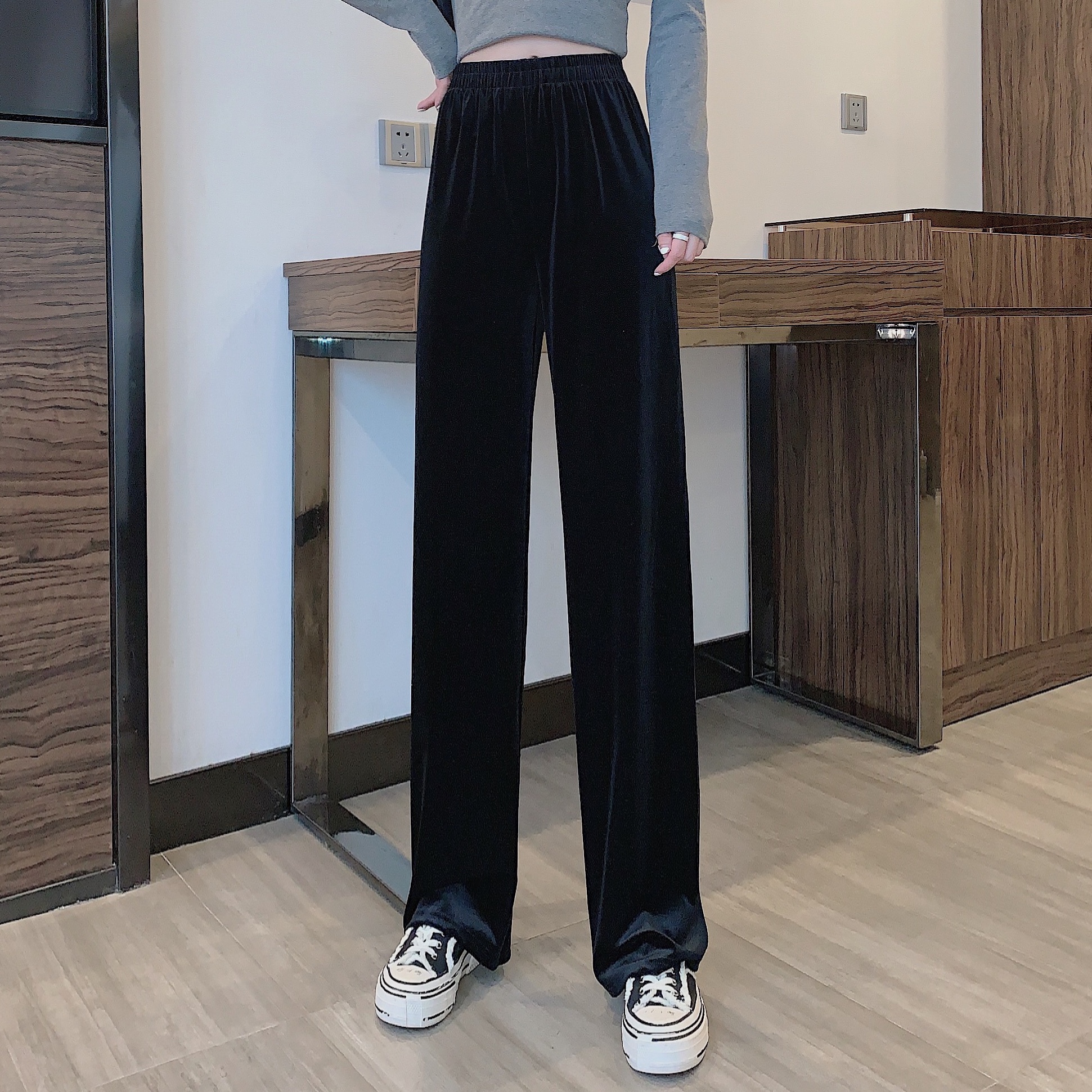 Real shot velvet wide leg pants women's high waist drooping feeling loose and thin, versatile air casual pants