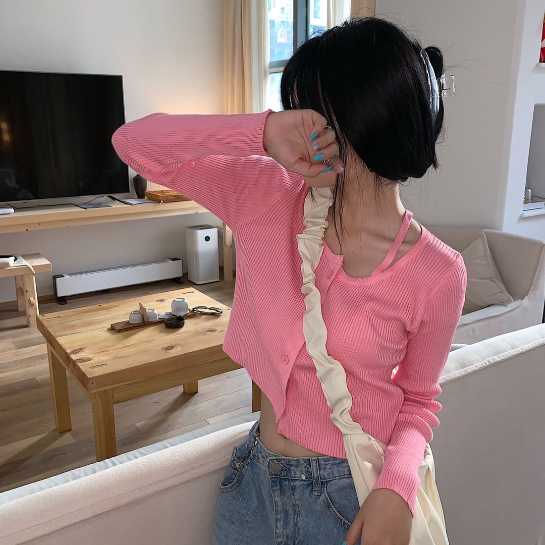 Real shot Korean round neck off shoulder design irregular long sleeve cardigan sweater careful machine top woman