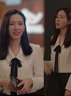 韩剧三十九孙艺珍同款白色蝴蝶结小香风外套短上衣黑色中长半身裙