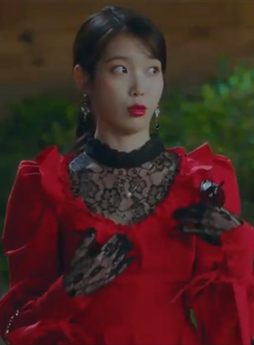 德鲁纳酒店张满月IU同款红色大领蓬袖衬衫黑蕾丝蕾丝打底衫裹裙