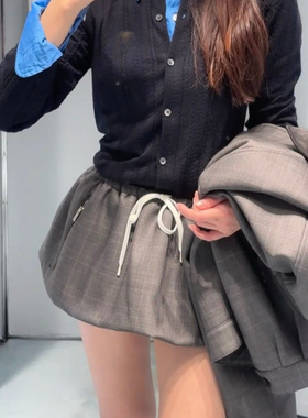 M家2025灰色皮领暗纹拉链男女同款夹克外套短裙套装