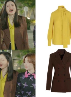 韩剧三十九孙艺珍同款咖色西装外套姜黄色飘带衬衫通勤气质西装韩