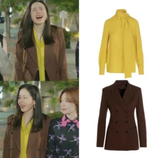 韩剧三十九孙艺珍同款咖色西装外套姜黄色飘带衬衫通勤气质西装韩