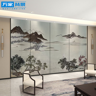 宋式 背景酒店床头壁画简约 刺绣硬包背景墙客厅沙发卧室电视中式