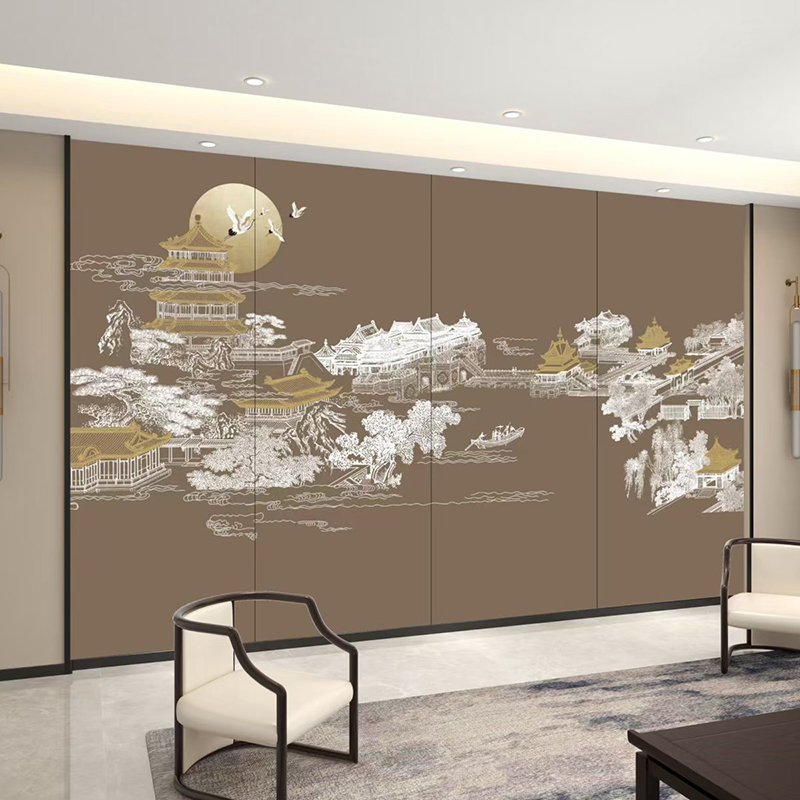 新中式刺绣山水卧室床头墙布客厅沙发电视背景墙宋氏美学硬包壁画