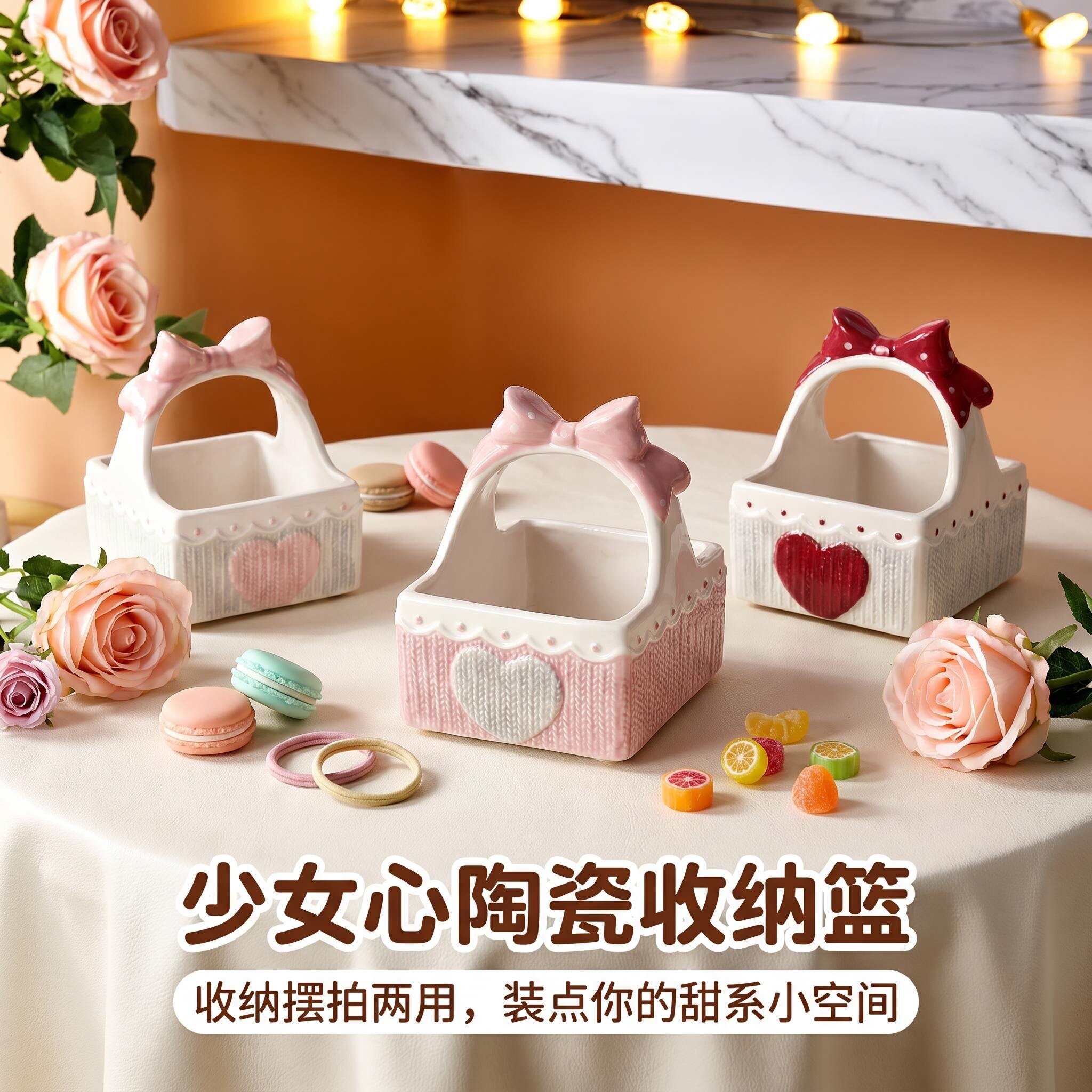 桌面收纳少女心陶瓷收纳篮