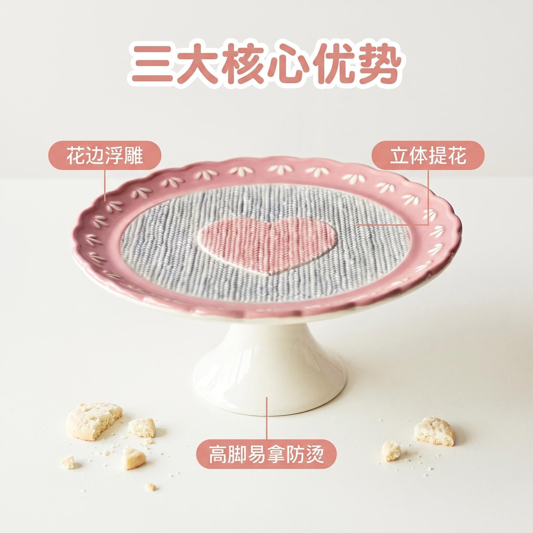 创意心形浮雕瓷高脚防烫蛋糕盘