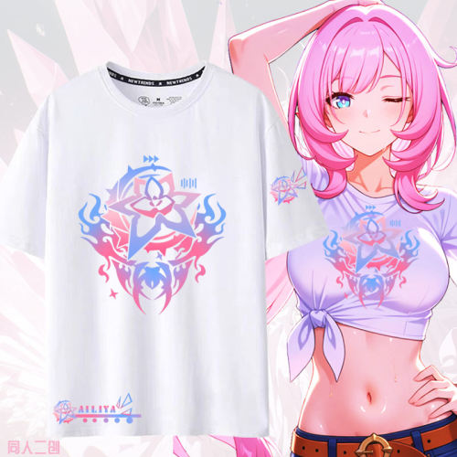 游戏爱莉粉色小姐姐周边夏季短袖宽松纯棉T恤男女衣服痛衣蹦jl