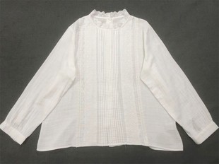 日单白色风琴褶双层纱衬衫女2026春新款甜美蕾丝立领纯棉长袖衬衣