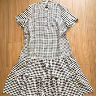 格子系带收腰短袖连衣裙女2025夏季新款纯棉中长款大码薄款鱼尾裙