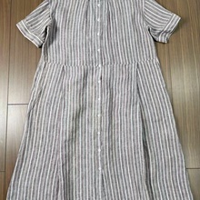 纯麻条纹短袖连衣裙女2025夏季新款圆领亚麻大码中长薄款衬衫裙