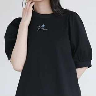 新款 日單薄款 繡花門襟短袖 T恤女2025夏季 圓領(lǐng)甜美純棉寬松體恤