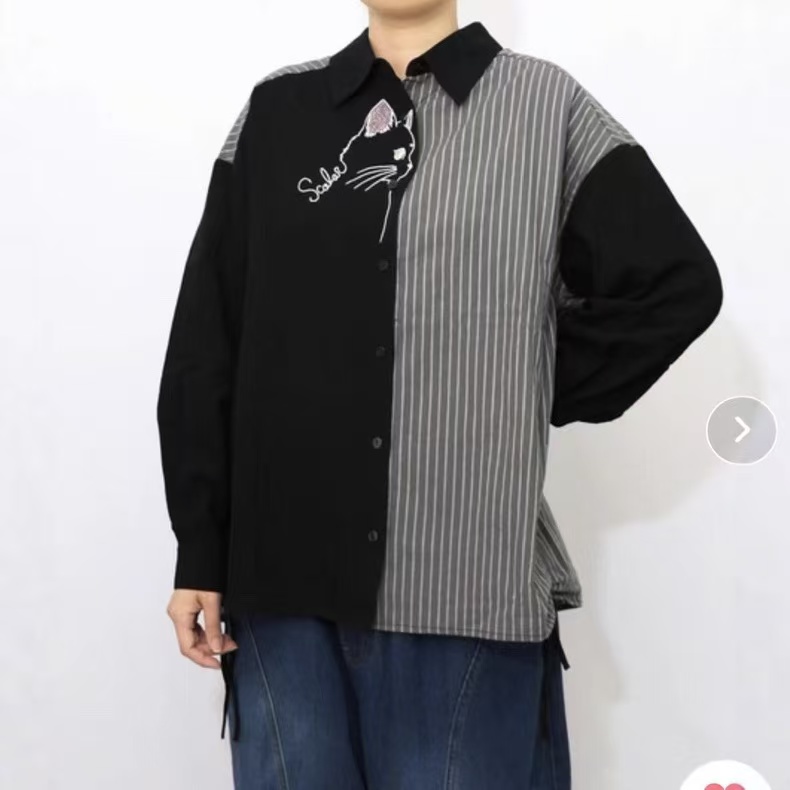 官网猫头刺绣亲肤条纹拼接长袖衬衫女2025秋新款棉麻两侧绑带衬衣