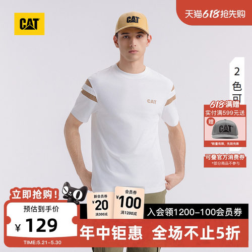 CAT卡特夏季男士户外美式休闲圆领微落肩袖宽松绣花拼色短袖T恤