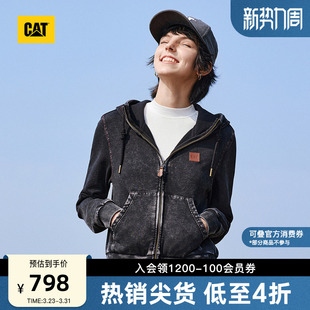 水洗牛仔连帽卫衣商场同款 做旧短款 女士工装 CAT卡特春季