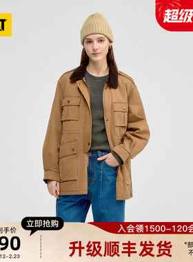 CAT卡特2025秋冬新品女士复古工装中长款灯芯绒翻领棉服商场同款