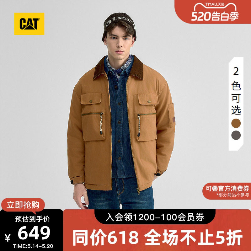 CAT卡特秋冬男士日常保暖经典工装灯芯绒翻领夹克长款棉服外套