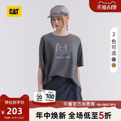 CAT卡特夏季女士户外美式宽松圆领印花山系工装风短袖T恤商场同款