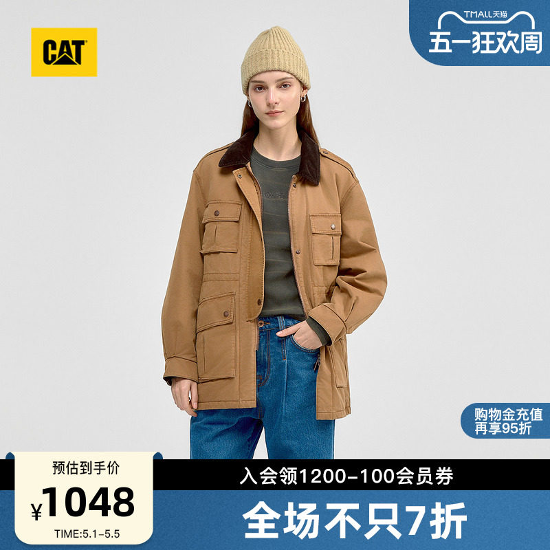 CAT卡特秋冬女士复古工装中长款保暖灯芯绒翻领棉服商场同款
