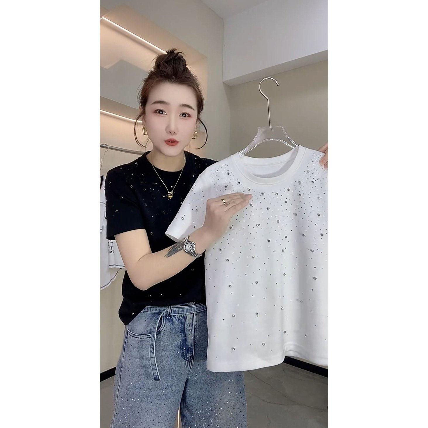 欧货纯棉满天星短袖T恤女