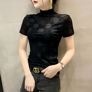 欧货2026夏季新款花朵微透短袖t恤女修身植绒上衣高领打底衫薄款