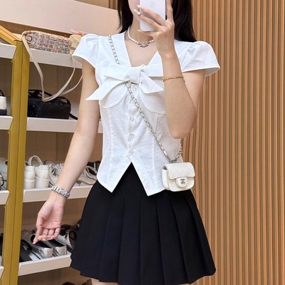 蝴蝶结收腰性感低胸短袖衬衫