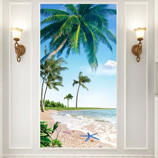 客厅玄关自粘墙贴纸海景树林自然风景画装饰画入户门走廊竖版壁画