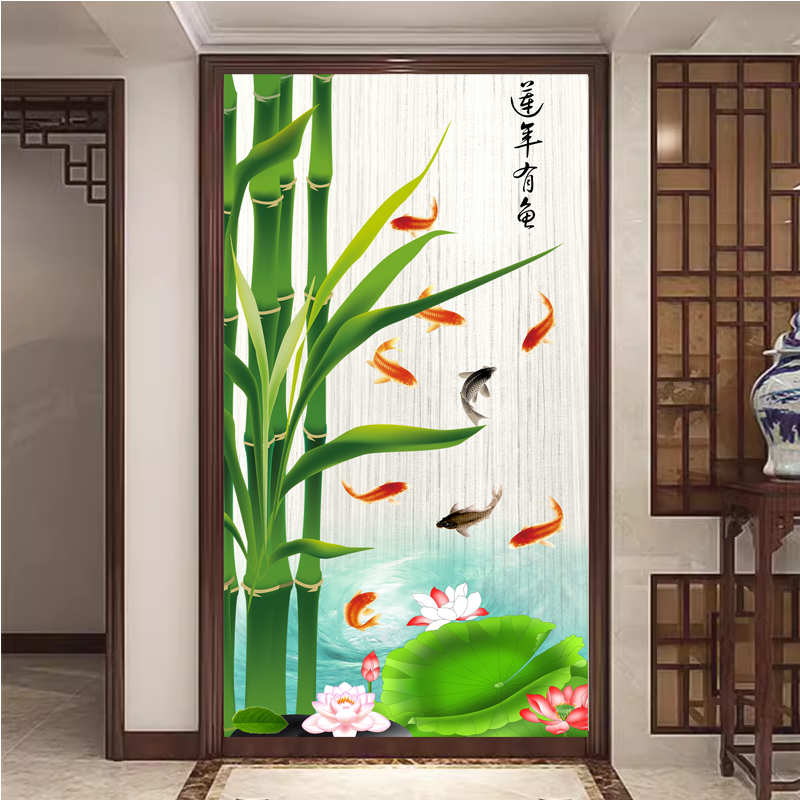 自粘墙贴画玄关中式山水风景画