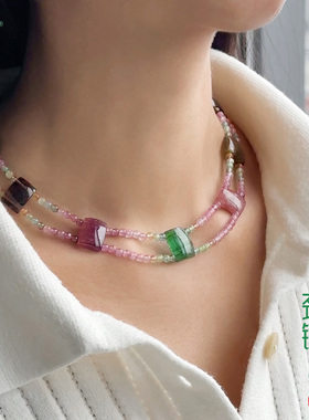 和嘉裕天然原创彩虹碧玺颈链轻奢高级感双层设计圆珠个性项链女款