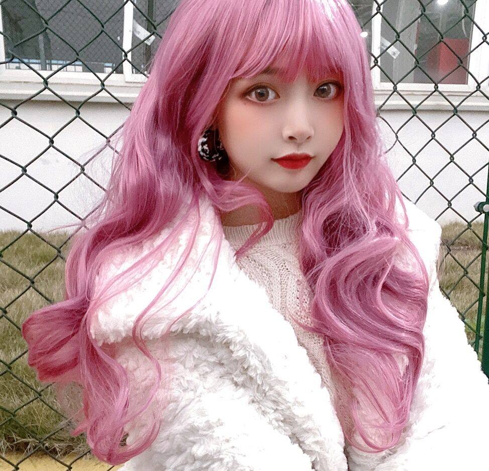 网红可爱薄藤色假发女长发大波浪微卷空气刘海圆脸自然日系lolita