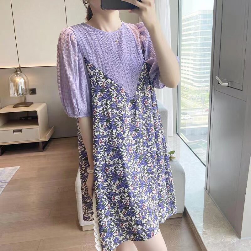 MATERNITY CLOTHES SUMMER TIDE MOM PREGNANCY GOING OUT LOOSE PLUS SIZE AGE REDUCTION FLORAL CHIFFON STITCHING FAKE TWO DRESSES