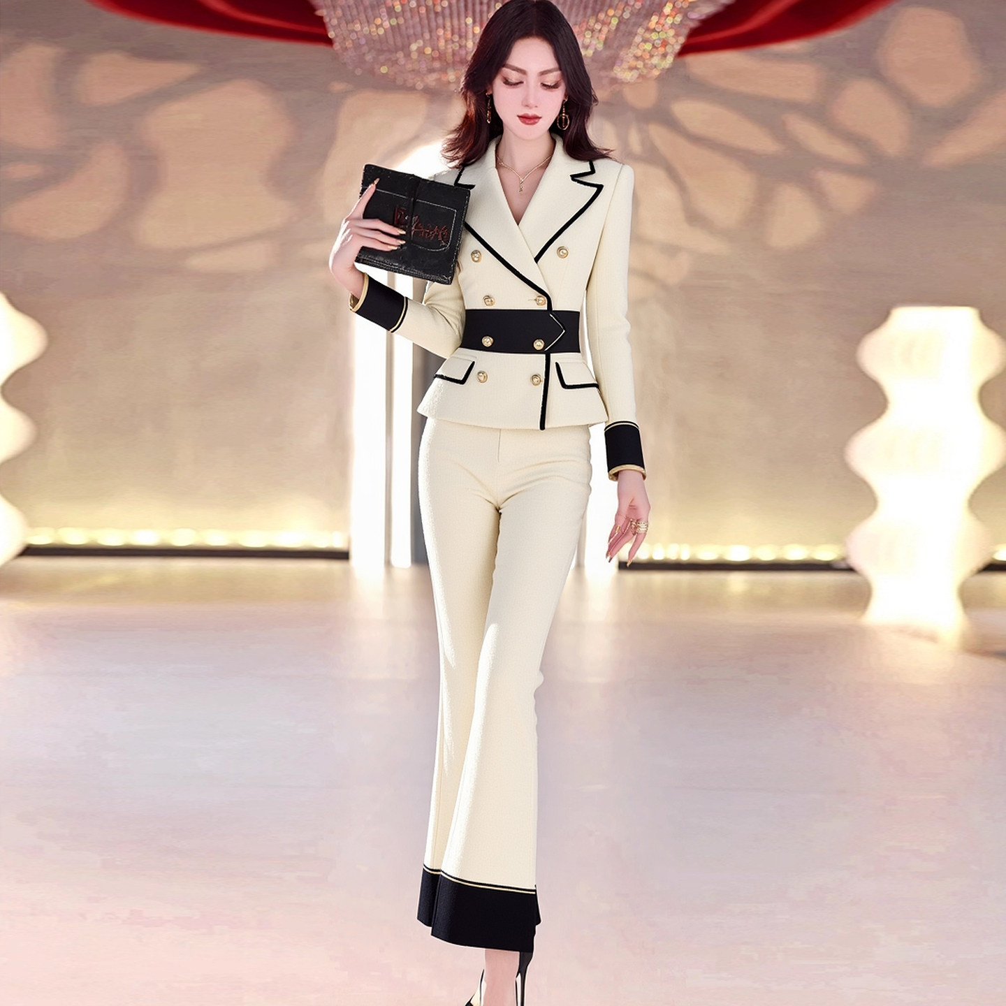 小香黑白撞色西装套装女冬季新款收腰气质通勤千金感毛呢两件套,女装/女士精品,时尚套装,淘宝优惠券,粉丝福利购,淘宝优惠卷