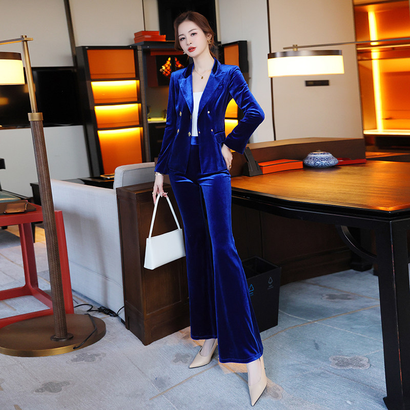2025春季新款金丝绒蓝色气质小西服套装女洋气显瘦喇叭裤两件套,女装/女士精品,时尚套装,淘宝优惠券,粉丝福利购,淘宝优惠卷
