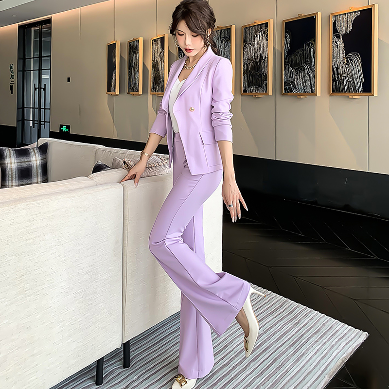 紫色洋气时尚显瘦微喇长裤小西装