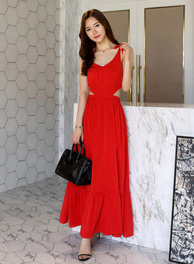2026夏装新款气质性感露腰深V红色无袖伴娘礼服连衣裙长裙女裙子