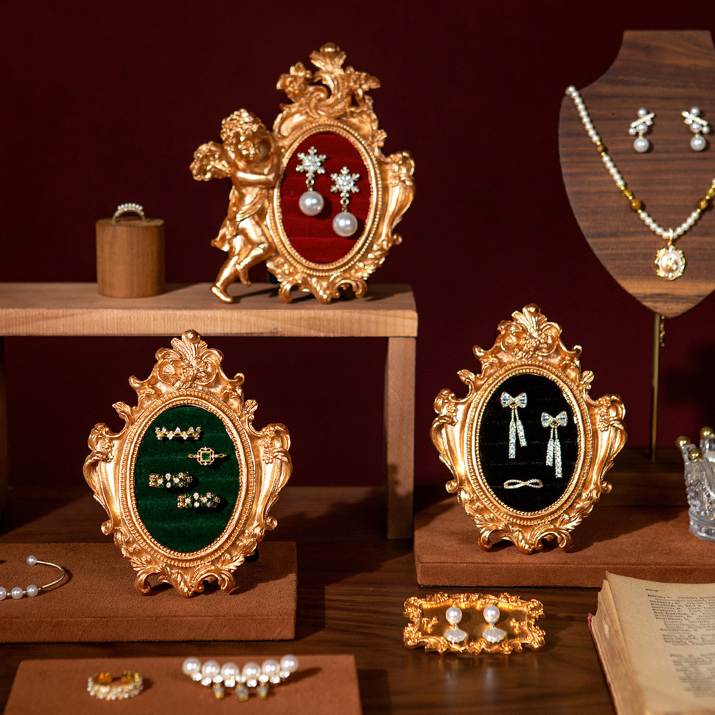 欧式复古风相框首饰展示架戒指收纳盘饰品珠宝店铺柜台陈列展架